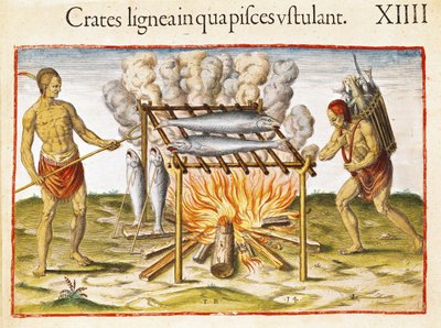 Cooking Fish, from Admiranda Narratio, engraved by Theodore de Bry by John White